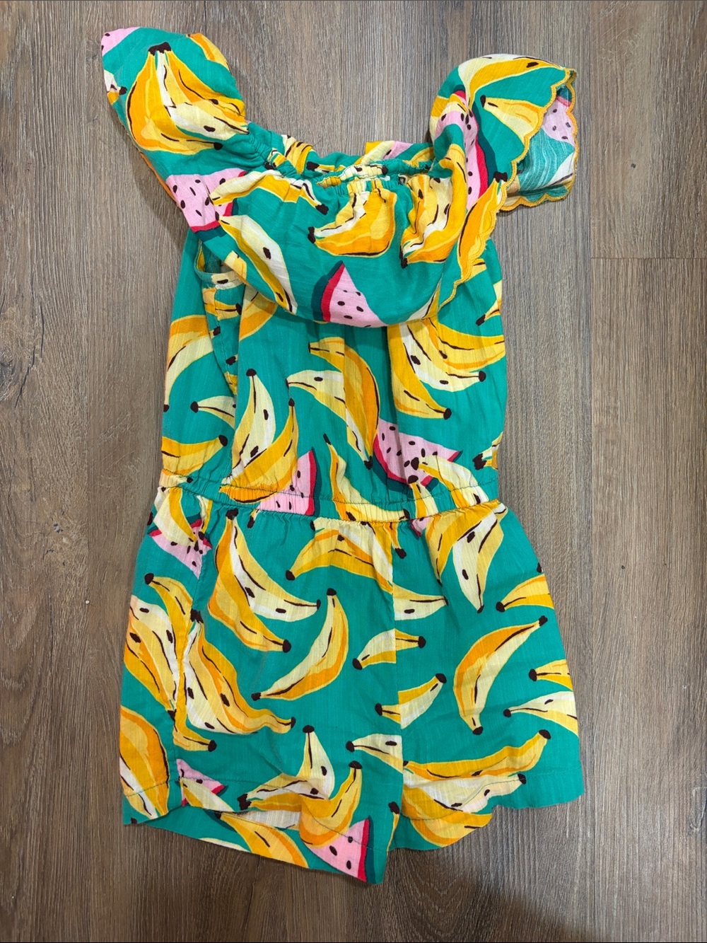 Green Tropical Fruit Print Romper with Yellow Bananas